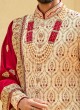 Zari Work Groom Anarakli Sherwani In Golden Cream Color